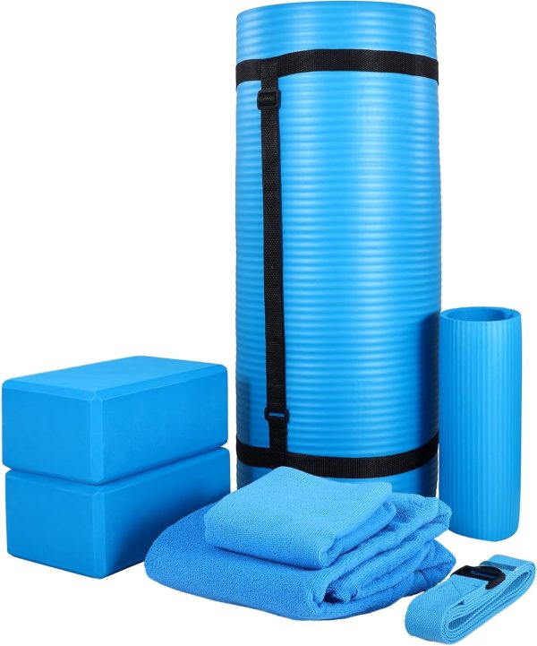 7-Piece Yoga Set with 71x24x1 Inches Extra Thick Mat and Carrying Sling – Includes 2 Blocks, Stretch Strap, 2 Towels, and Knee Pad for Home, Studio, and Gym Workouts