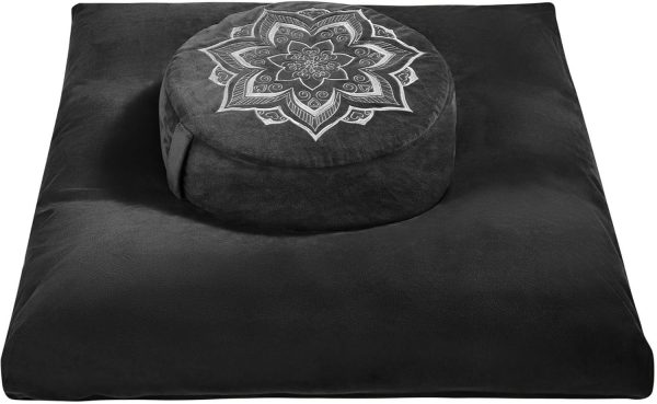 Meditation  Cushion Set with Buckwheat Hulls & Memory Foam - Ergonomic Support for Yoga & Sitting - Removable Machine-Washable Luxury Velvet Cover - for Adults and Kids (Black)